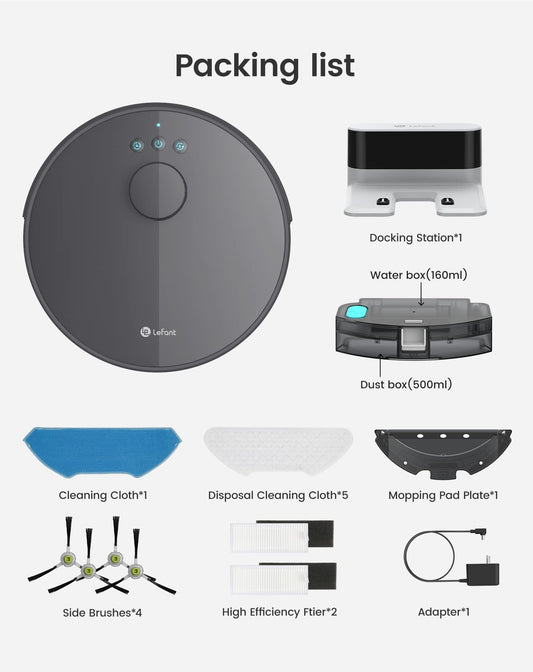 Lefant M1 Robot Vacuum Cleaner and Mop, 5500Pa with Deep Clean, 150 Min, 3-level electric water tank, dToF Laser Navigation, Custom Cleaning, No-Go Zones, Ideal for Pet Hair, Carpets and Hard Floors