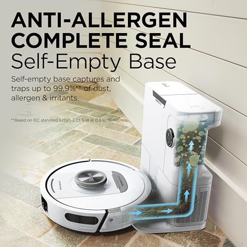 Shark PowerDetect Robot Vacuum with 60-Day Self-emptying Base - For Carpets, Hard Floors and Pet Hair - 3D LiDAR Navigation - Wi-Fi / App - Odour Cartridge and 2 Brushes Incl. - White