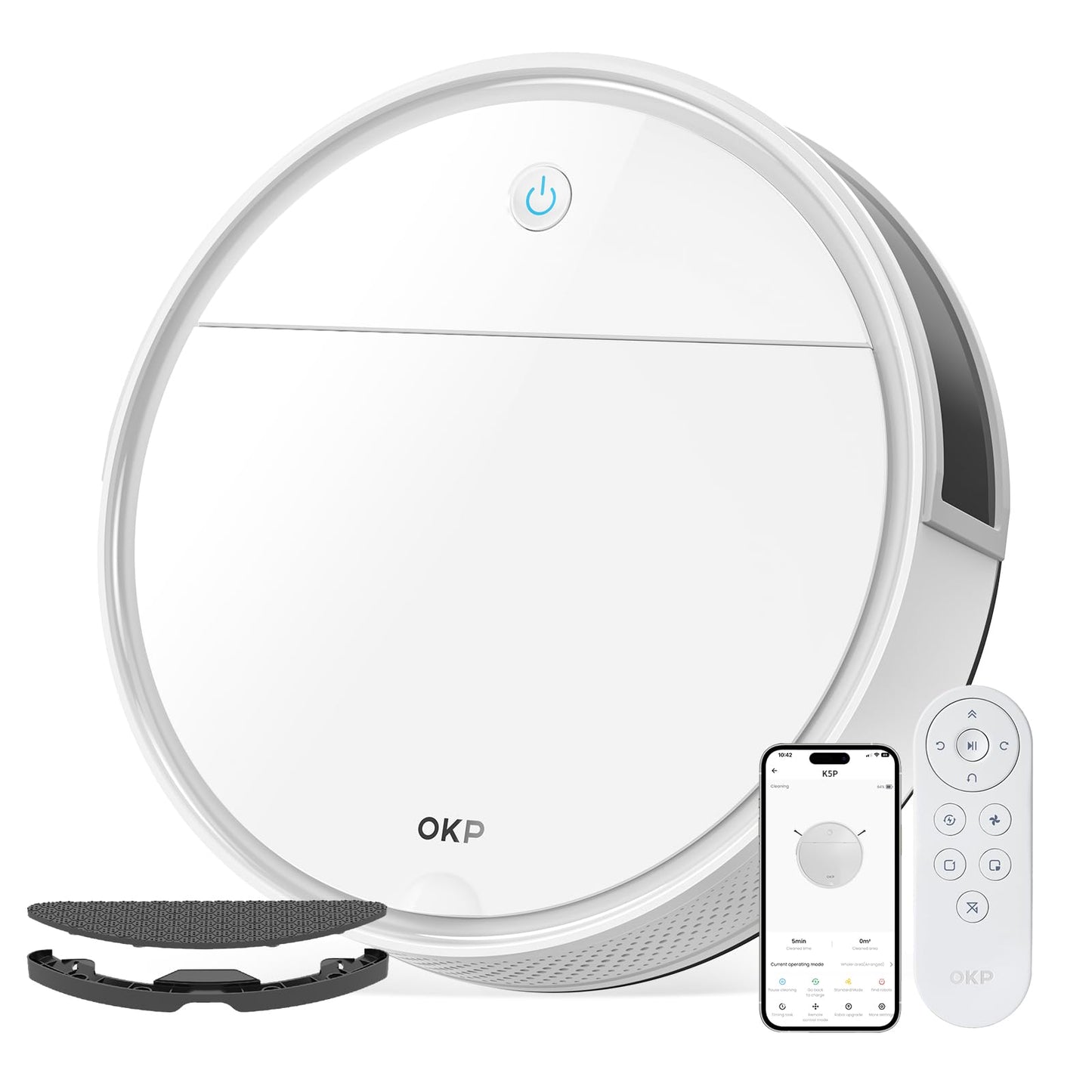OKP K5 Pro Robot Vacuum Cleaner, 5000Pa Robotic Suction, WiFi/APP/Alexa Controlled Mopping, Self-Charging Silent, 180 Minutes Runtime, Slim Design Robotic Vacuum with Mop, Ideal for Pet Hair