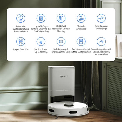 EZVIZ RE4 Plus Robot Vacuum Self Emptying, 4000 Pa, 4L Self-Emptying Station, LiDAR Navigation, Carpet Booster, Self-Charging, Cleans 300㎡, Wi-Fi APP Control, Alexa/Google Compatible, Pet-Friendly