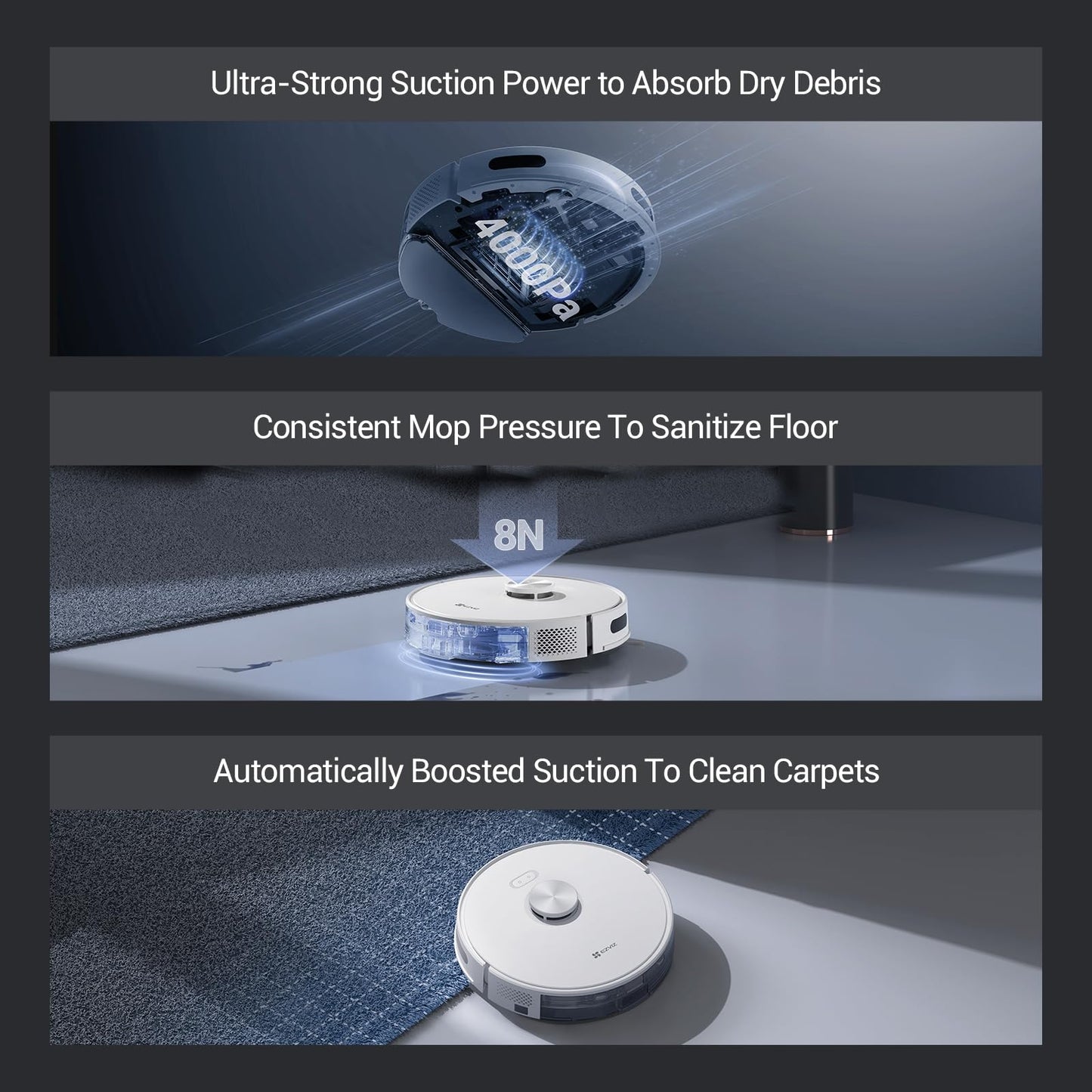 EZVIZ RE4 Plus Robot Vacuum Self Emptying, 4000 Pa, 4L Self-Emptying Station, LiDAR Navigation, Carpet Booster, Self-Charging, Cleans 300㎡, Wi-Fi APP Control, Alexa/Google Compatible, Pet-Friendly