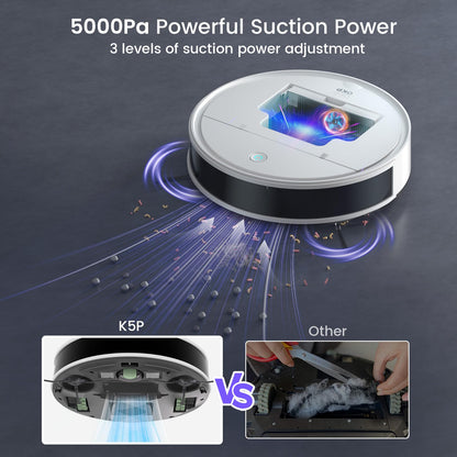OKP K5 Pro Robot Vacuum Cleaner, 5000Pa Robotic Suction, WiFi/APP/Alexa Controlled Mopping, Self-Charging Silent, 180 Minutes Runtime, Slim Design Robotic Vacuum with Mop, Ideal for Pet Hair