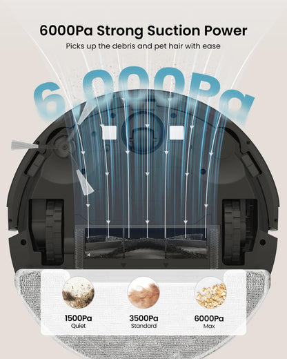 Vexilar Self-Emptying Robot Vacuum Cleaner with Mop, Laser Navigation, Up to 60 Days of Hands-Free Cleaning, 180 Mins Runtime, Strong 6000Pa Suction Robot Vacuum to Clean Floors, Carpets, and Pet Hair