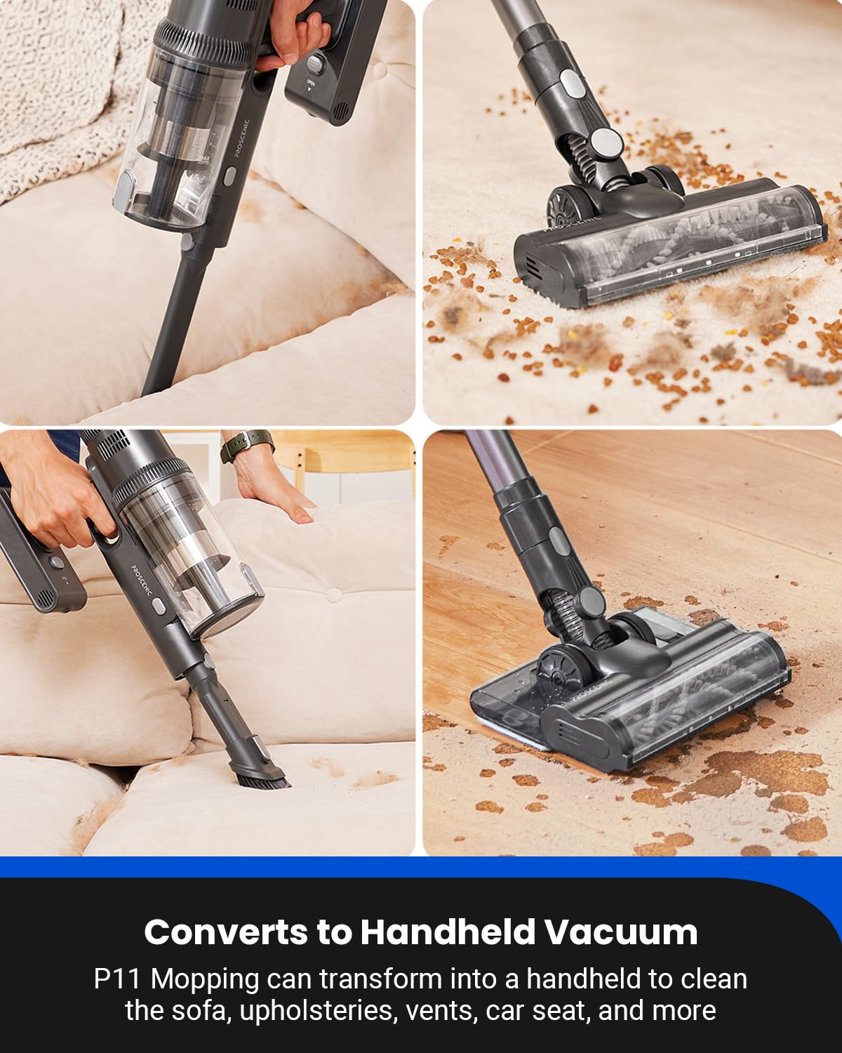 Proscenic P11 Mopping Cordless Vacuum cleaner, 550W/45Kpa 60Mins Wet and Dry Vacuum Cleaner and Mop Combo 3 in 1, Stick Vacuum Cleaner with LED Touch Screen, Cordless Hoover For Floors Carpet Pet Hair