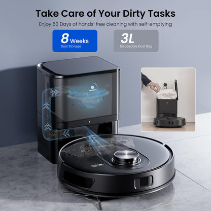 Proscenic Q8 Max+ Robot Vacuum with Mop, 8000Pa 200Min Robotic Vacuum, Smart Obstacle Avoidance, 60 Days of Hands-Free Cleaning Self-Emptying, APP/Remote/Voice Control for Floor Carpet Pet Hair