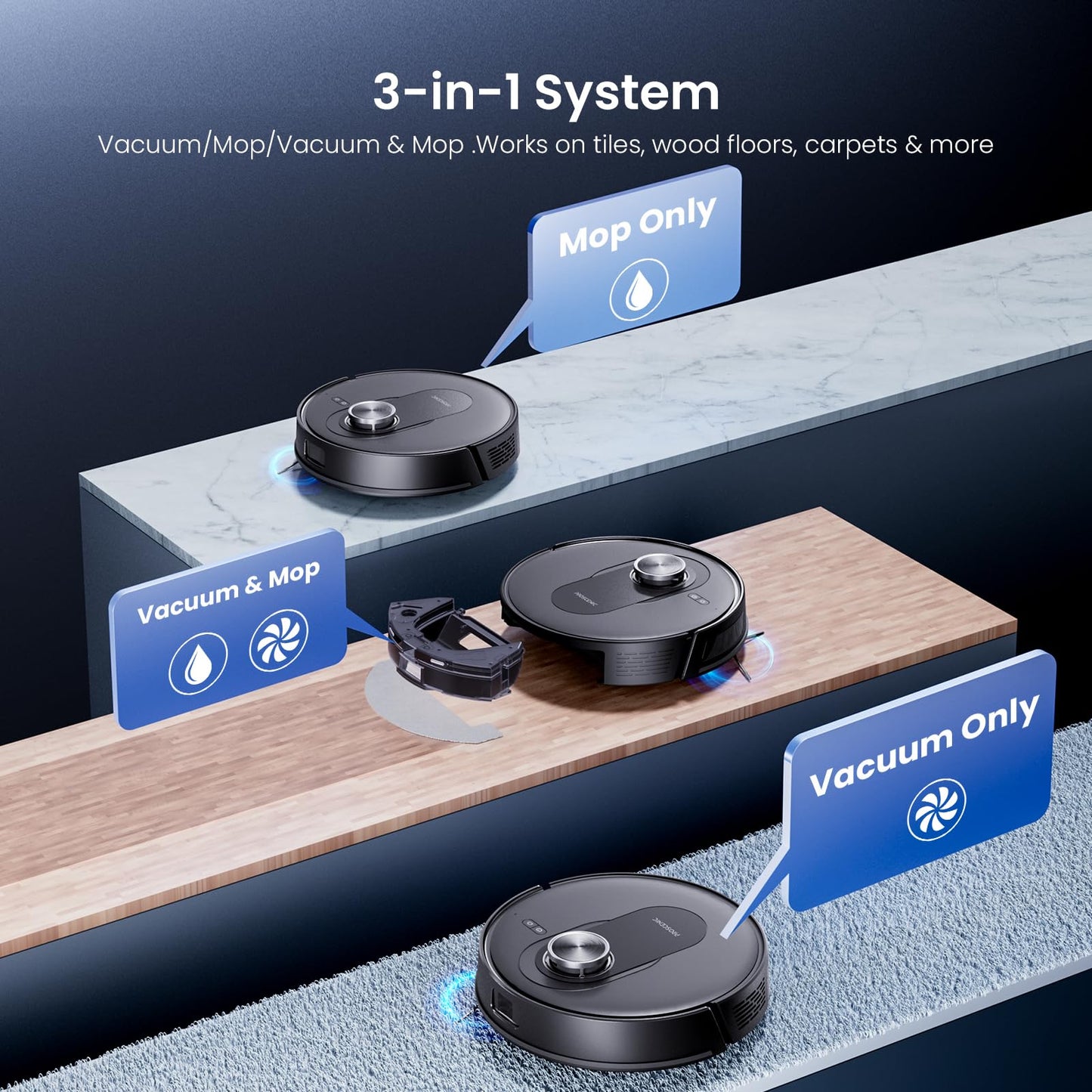 Proscenic Q8 Max+ Robot Vacuum with Mop, 8000Pa 200Min Robotic Vacuum, Smart Obstacle Avoidance, 60 Days of Hands-Free Cleaning Self-Emptying, APP/Remote/Voice Control for Floor Carpet Pet Hair