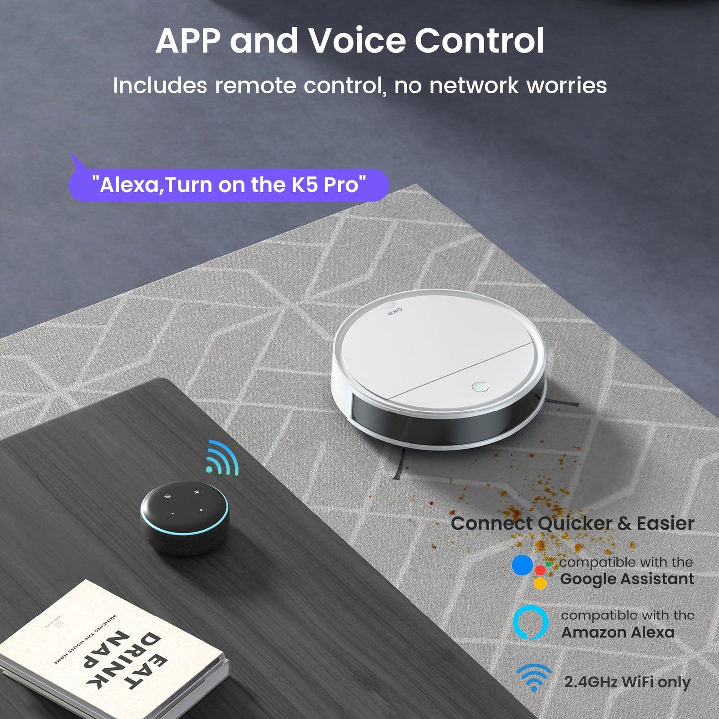 OKP K5 Pro Robot Vacuum Cleaner, 5000Pa Robotic Suction, WiFi/APP/Alexa Controlled Mopping, Self-Charging Silent, 180 Minutes Runtime, Slim Design Robotic Vacuum with Mop, Ideal for Pet Hair