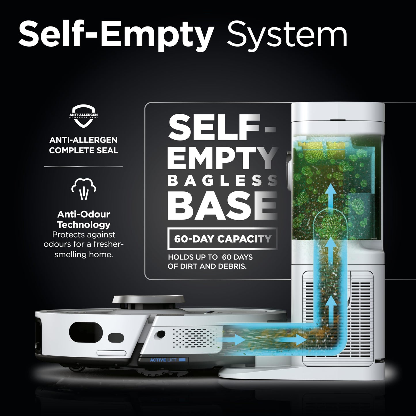 Shark PowerDetect Robot Vacuum with 60-Day Self-emptying Base - For Carpets, Hard Floors and Pet Hair - 3D LiDAR Navigation - Wi-Fi / App - Odour Cartridge and 2 Brushes Incl. - White